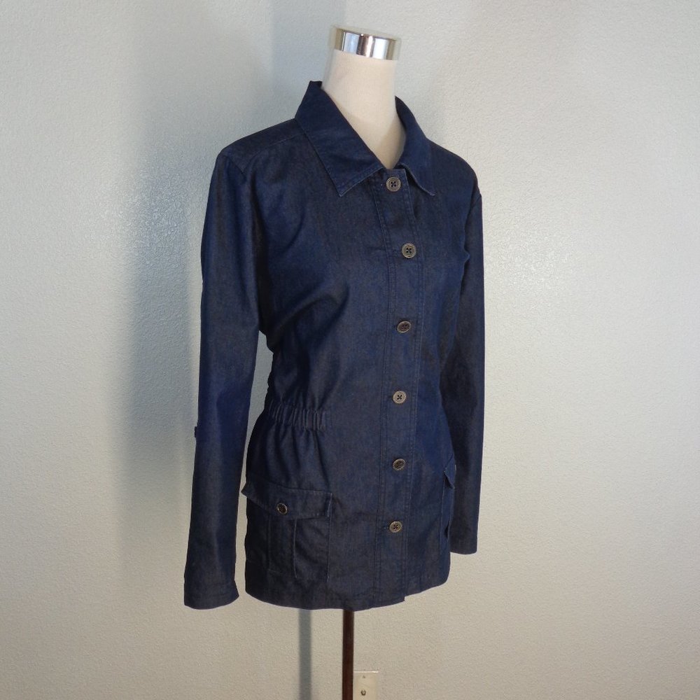 D & CO Women's Denim Jacket Cinch Waist Button Front Dark Wash sz L - Picture 2 of 5